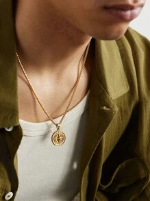 1 件金色不锈钢 18K 镀金指南针硬币吊坠项链，简约设计适合运动、街舞、嘻哈，送给父亲、男朋友、同学的礼物 - 金色 - 查看 1