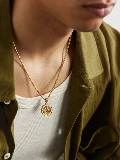 1 件金色不锈钢 18K 镀金指南针硬币吊坠项链，简约设计适合运动、街舞、嘻哈，送给父亲、男朋友、同学的礼物