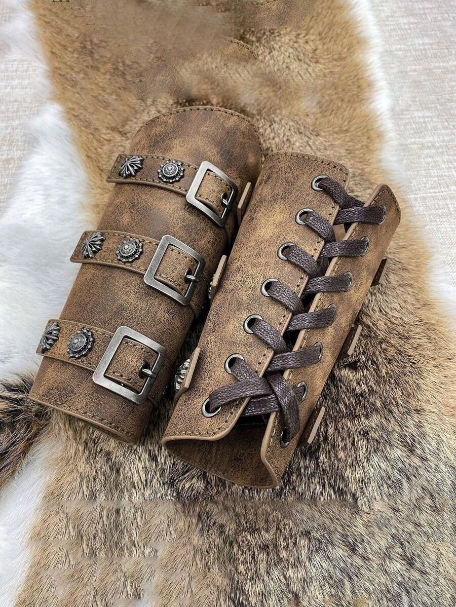 Handmade PU Leather European Medieval Retro Knight Wristband, COSPLAY Stage Costume Prop - A - View 1