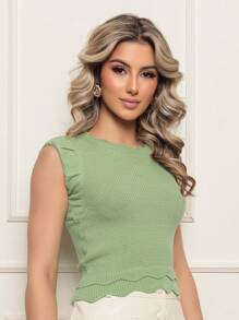 ONLYONE - JAPANESE MODAL SLEEVE CROPPED TOP WITH WAVE DETAIL HEM - SHEIN FIMINAS TOPS KNIT TOPS - Olive Green - View 5