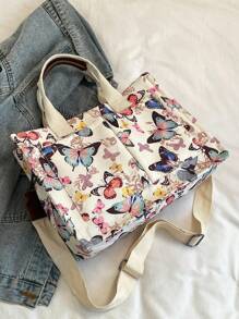 大容量蝴蝶印花手提包，图案随机，适合上学、工作、旅行，非常适合节日礼物 - 彩色 - 查看 6