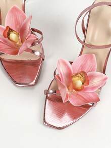 Giày cao gót mũi vuông thanh lịch thời trang cao cấp cho nữ với họa tiết hoa óng ánh 3D, vải thoáng khí, thích hợp cho ngoài trời, đám cưới, tiệc tùng, sàn diễn, đơn giản nhưng quyến rũ - Hồng - Xem 5