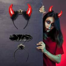 Bộ 4 món/Bộ phụ kiện hóa trang Halloween Thiên thần đen/Áo đỏ, Cánh thiên thần, Thiên thần sa ngã, Quầng sáng, Đũa phép, Găng tay dài bằng vải satin, Sừng quỷ, Băng đô, Đinh ba, Nhị nguyên huyền bí cho Halloween, Phụ kiện hóa trang cho tiệc hóa trang người lớn, Dạ hội - Nhiều màu - Xem 6