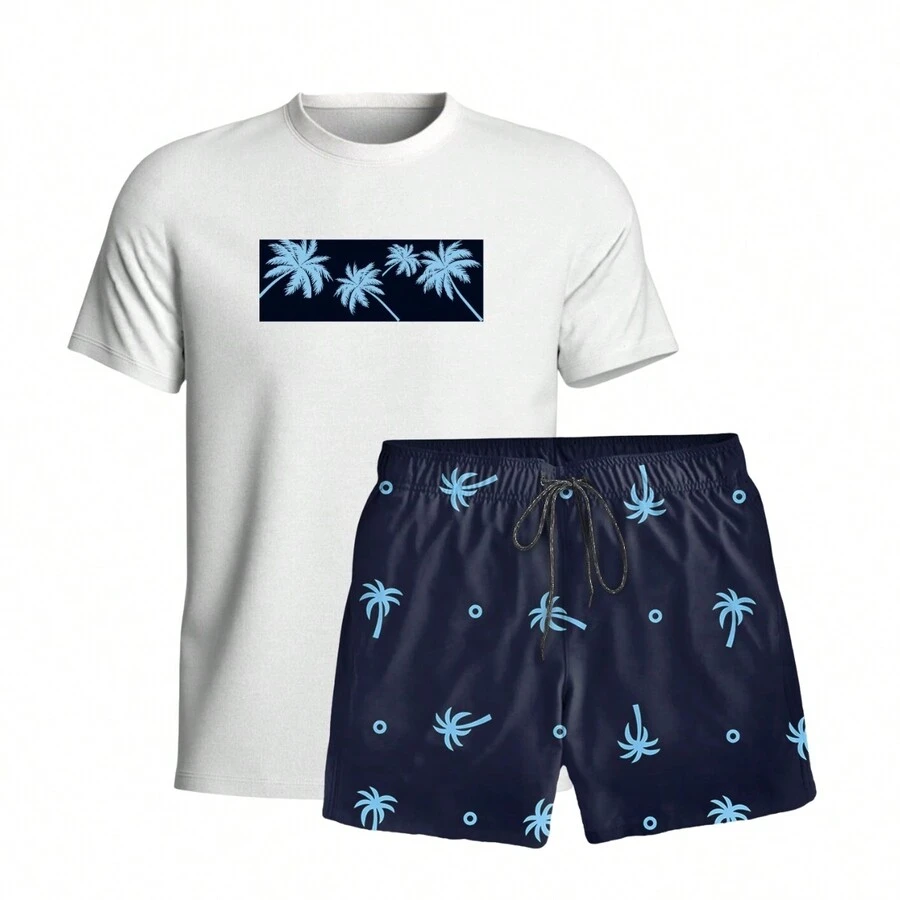 Men's Cotton T-Shirt And Tactel Shorts Set Coconut Trees - Màu xanh lam - Xem 1