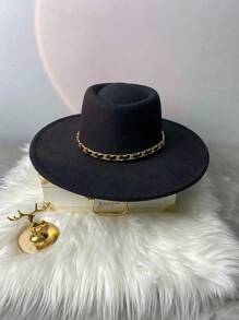 男女通用金链和黑色毛绒带装饰帽，四季皆宜，可调节尺寸，适合优雅的派对服装，平顶爵士帽休闲牛仔帽女牛仔帽万圣节