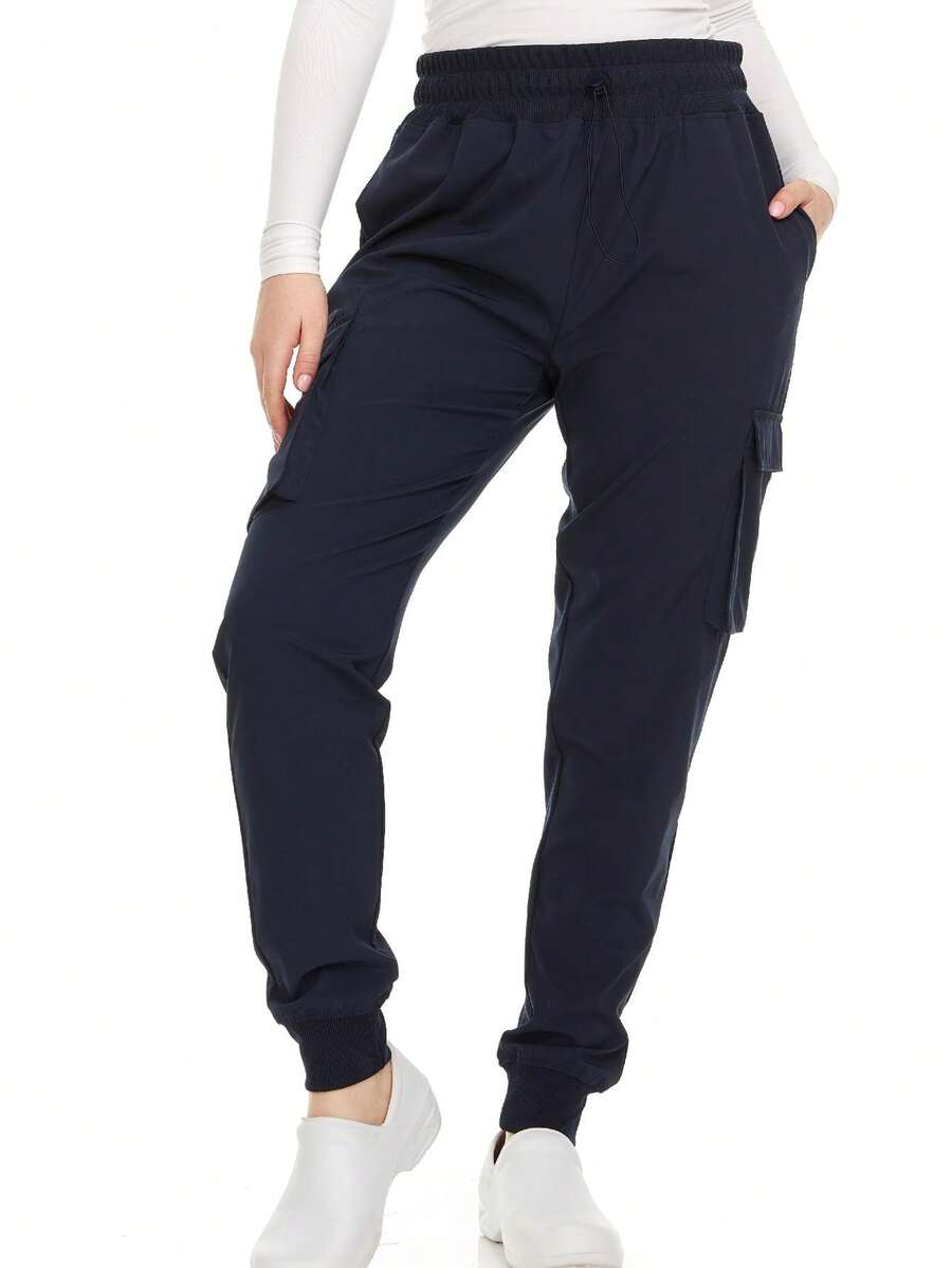 Women's Cargo Scrub Jogger Pants – 4-Way Stretch, Elastic Waist, Multiple Utility Pockets, Wrinkle-Resistant, Workwear For Nurses & Healthcare Professionals - 藏蓝色 - 查看 1