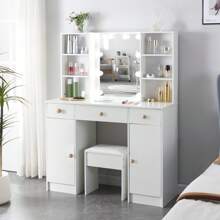 White Dressing Table LED Mirror 3 Drawers Stool Vanity Desk Makeup Set Bedroom - White - View 6