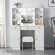 White Dressing Table LED Mirror 3 Drawers Stool Vanity Desk Makeup Set Bedroom - White - View 1