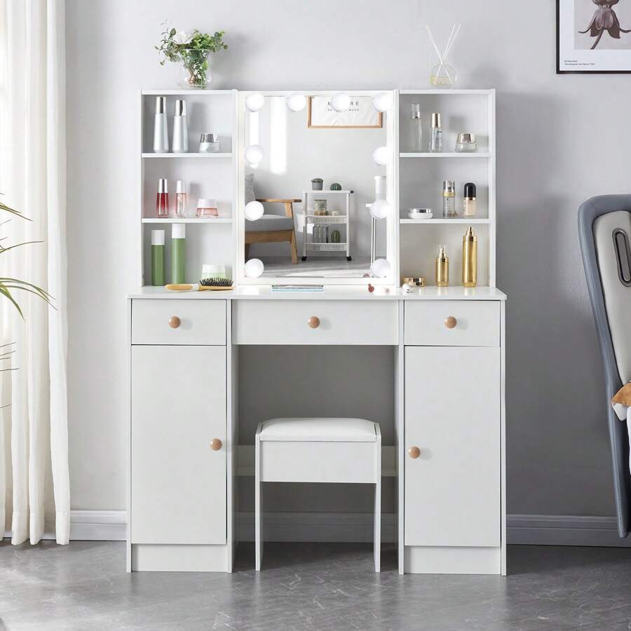 White Dressing Table LED Mirror 3 Drawers Stool Vanity Desk Makeup Set Bedroom - White - View 1