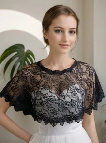 1pc Women's Lightweight Lace Trim Short Shawl Bolero Cape, Versatile Occasion Wear For Wedding, Party, Photography Fall Clothes For Women