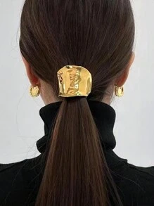 1pc Gold Metal Geo Decor Hair Tie Funny & Dark Style Women's Luxury Style Ponytail Holder Metal Hair Cuff Modern Ponytail Cover, Hair Accessories - Cloud Metal Hairband - View 3