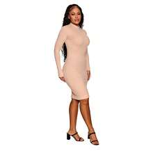 Women's Long Sleeve Midi Dress High Neck Ribbed - Màu be - Xem 3