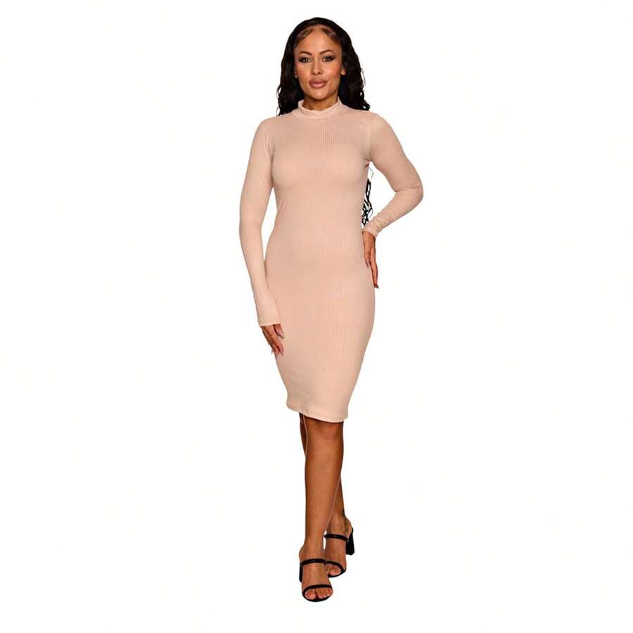 Women's Long Sleeve Midi Dress High Neck Ribbed - Màu be - Xem 1