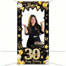 1 件时尚黑金色生日派对相框，35.4 * 7.08 英寸，采用涤纶材料制成，适用于派对装饰，适合生日照片装饰背景 - 黑金色 - 查看 9