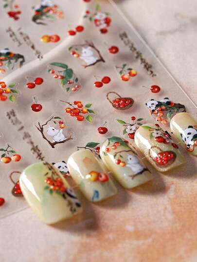 Beautizon Nailartlab 1pc Panda Nail Art Sticker, DIY Nail Salon Decor, Y2K Style Autumn Fruit 5D Nail Decoration Sticker