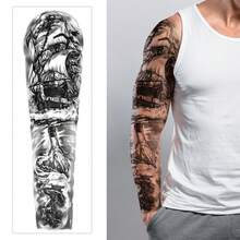 1pc Waterproof Temporary Tattoo Sticker, Pirate Ship Design, Full Arm Tattoo Sleeve For Men - Black and White - View 7