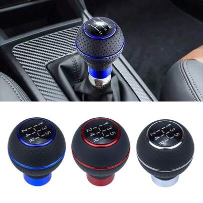 Universal Leather 5-Speed Knob Gear Shifter Stick, Aluminum Manual Transmission Gear Shift Handle, Auto Part