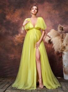 Faeriesty Dressalisa Maternity Plunging Neck Backless Tulle Prom Dress - Yellow - View 4