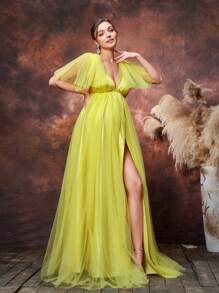 Faeriesty Dressalisa Maternity Plunging Neck Backless Tulle Prom Dress - Yellow - View 6