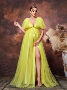 Faeriesty Dressalisa Maternity Plunging Neck Backless Tulle Prom Dress - Yellow - View 5