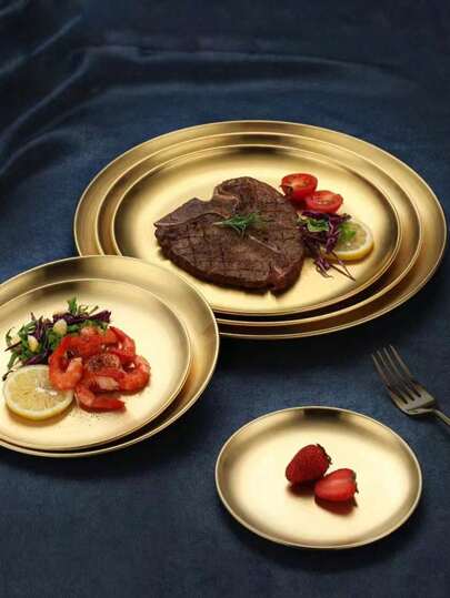 Christmas Gift Gold Color Tray Plate, Stainless Steel Round Barbecue Plate, Suitable For Home And Commercial Use, Can Be Used As Dinner Plate Or Buffet Plate