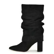 Women's Mid-Calf Boots Fold Over Chunky Heel Pointed Toe Slouch Riding Boots - Black - View 4