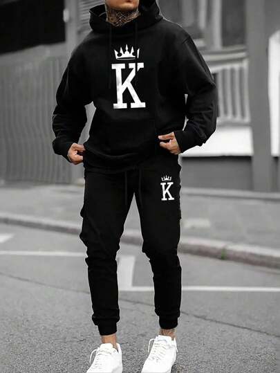 Men's Letter K Print Drawstring Hoodie And Sweatpants Set, Casual Suit, Fall Clothes