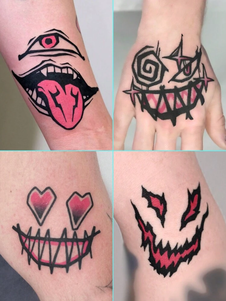 Tatuaje temporal a prueba de agua, diseño unisex, 6 piezas/set, con ojos y boca de estilo sexy de dibujos animados en rojo y negro, dura de 1 a 5 días, apto para brazo y pierna - Multicolor - Añade 1