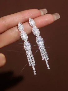 2pcs/Set Tassel Style Bridal Women's Fashionable Rhinestone Earrings, Simple Earrings Suitable For Dances, Parties, And Daily Life. - Silver 80146701 - View 2