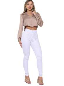 Women's Basic White Skinny Twill Pants High Waist Butt Lift Wesen Jeans - trắng - Xem 1