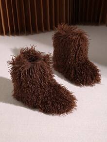 Women's Snow Boots Mid-Calf Faux Wool Lined Faux Fur Winter Boots, Fashion Versatile Flat Design European American Shoes - Coffee Brown - View 4