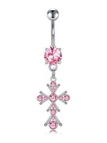 CIZME 1PC Belly Button Ring Dangle Navel Belly Piercing Jewelry Cute Pink CZ Heart Bow Flower Navel Belly Rings For Women 14G Silver Stainless Steel Dainty Dangly Dangling Belly Button Piercing - Pink - View 23