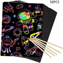 50/100 Pieces Magic DIY Scratch-Off Paper, Scratch-Off Rainbow Art Paper Scratch-Off Kit With 5 Sticks For People Birthday Party Holiday Gifts - Black - View 12