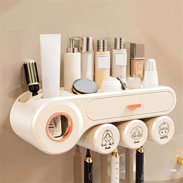 1 Set Multifunctional Toothbrush Holder & Cup Rack, Wall Mounted Toothpaste & Mouthwash Holder With Toothpaste Dispenser, Bathroom Accessories With No Drill Installation, Include Rinse Cup, Toothbrush Cup, Wall Mounted Toothpaste Dispenser & Toothbrush Holder