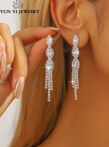 2pcs/Set Tassel Style Bridal Women's Fashionable Rhinestone Earrings, Simple Earrings Suitable For Dances, Parties, And Daily Life. - Silver 80146701 - View 1