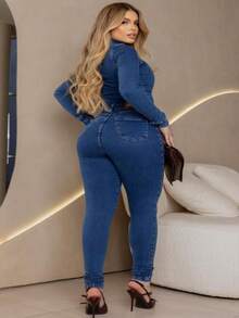 LONG SLEEVE JEANS OVERALLS 2 WASHES 23 DEGREES - Màu xanh hải quân - Xem 4