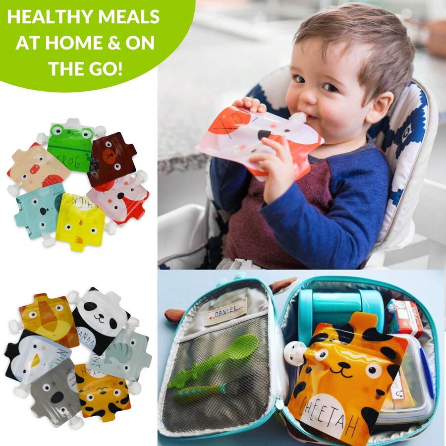 Reusable Food Pouch For Baby & Toddler Puree And Yogurt - Self Standing 5 Oz Refillable Squeeze Pouches With Leak Proof Double Zipper - Animals 6 Pack - Multicolor - View 1