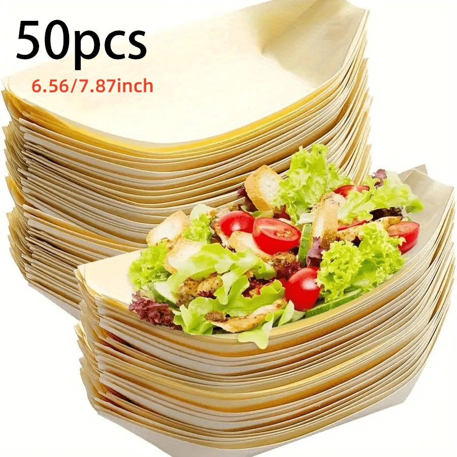 50 件木制寿司船，5 英寸一次性开胃小吃托盘，派对用木制食物船，水果和甜点，船形开胃菜拼盘，用于香肠、薯条、寿司、餐饮和家庭使用，圣诞节