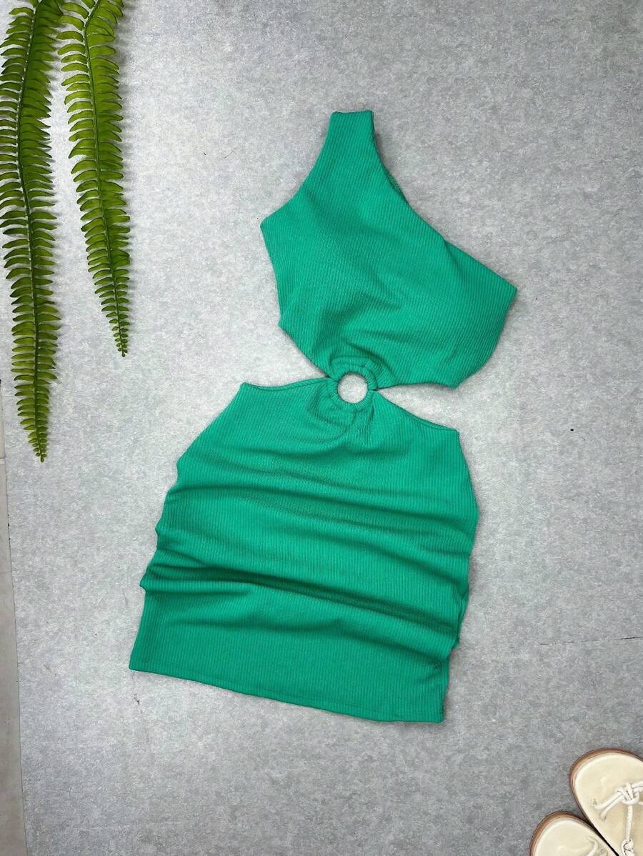 Short Single Sleeve Hoop Dress - 橄欖綠 - 查看 1