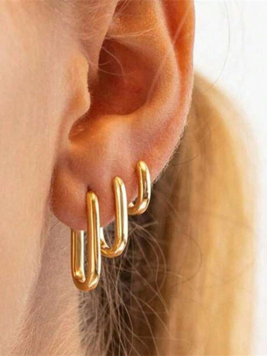 Trio Of Plain Click Hoop Earrings 18K Gold To 925 Silver Antiallergic With KIT 3 Pairs White - Vàng - Xem 1