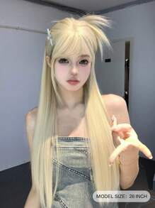 1 件合成耐热、长直发假发，白金色假发，带刘海，26 英寸长，由纤维制成，适合日常使用，自然逼真的假发（不包括配件） - 金色 - 查看 2