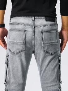 Multi-Pocket Cargo Jeans, Flared Leg Denim Pants For Men, 4-Seasons Wear - Black - View 6