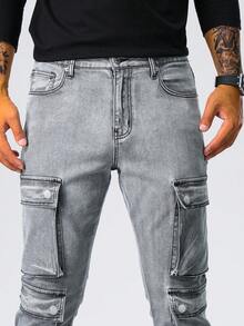 Multi-Pocket Cargo Jeans, Flared Leg Denim Pants For Men, 4-Seasons Wear - Black - View 5