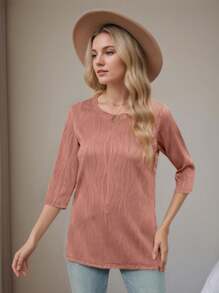 Blusas casuales para mujer, camisas de cuello redondo con mangas 3/4, blusas holgadas - Rosa - Ver 4