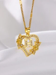 1 Pc Fashion Zirconia Flower Initial Heart Pendant Necklaces For Women Gold Color Stainless Steel Letter Chain Wedding Jewelry Gifts Valentines,Mom,Mother,Mother's Day,Gift