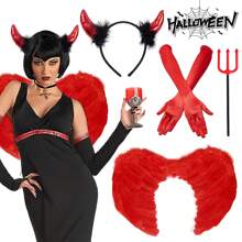 Bộ 4 món/Bộ phụ kiện hóa trang Halloween Thiên thần đen/Áo đỏ, Cánh thiên thần, Thiên thần sa ngã, Quầng sáng, Đũa phép, Găng tay dài bằng vải satin, Sừng quỷ, Băng đô, Đinh ba, Nhị nguyên huyền bí cho Halloween, Phụ kiện hóa trang cho tiệc hóa trang người lớn, Dạ hội - Nhiều màu - Xem 13