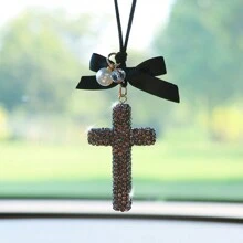 1pc Rhinestone Encrusted Ceramic Cross Car Hanging Decor - one-size - View 14