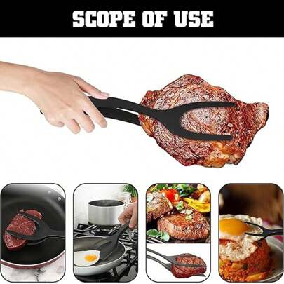 1 pieza 2 en 1 mango y volteador con pala de pinza, pinza de volteo de huevo, crepes, pescados, tostadas francesas, para hacer tortillas, adecuada para herramientas de cocina casera de color negro