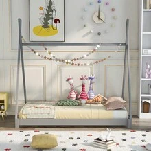 Twin Size House Platform Bed With Triangle Structure,Gray - 灰色+松木 - 查看 2