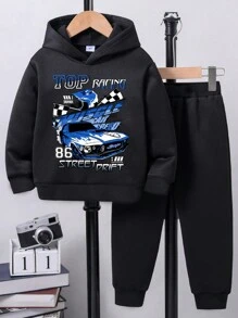 Young Boys Race Car Print Hoodie And Sweatpants Set - Black - View 3